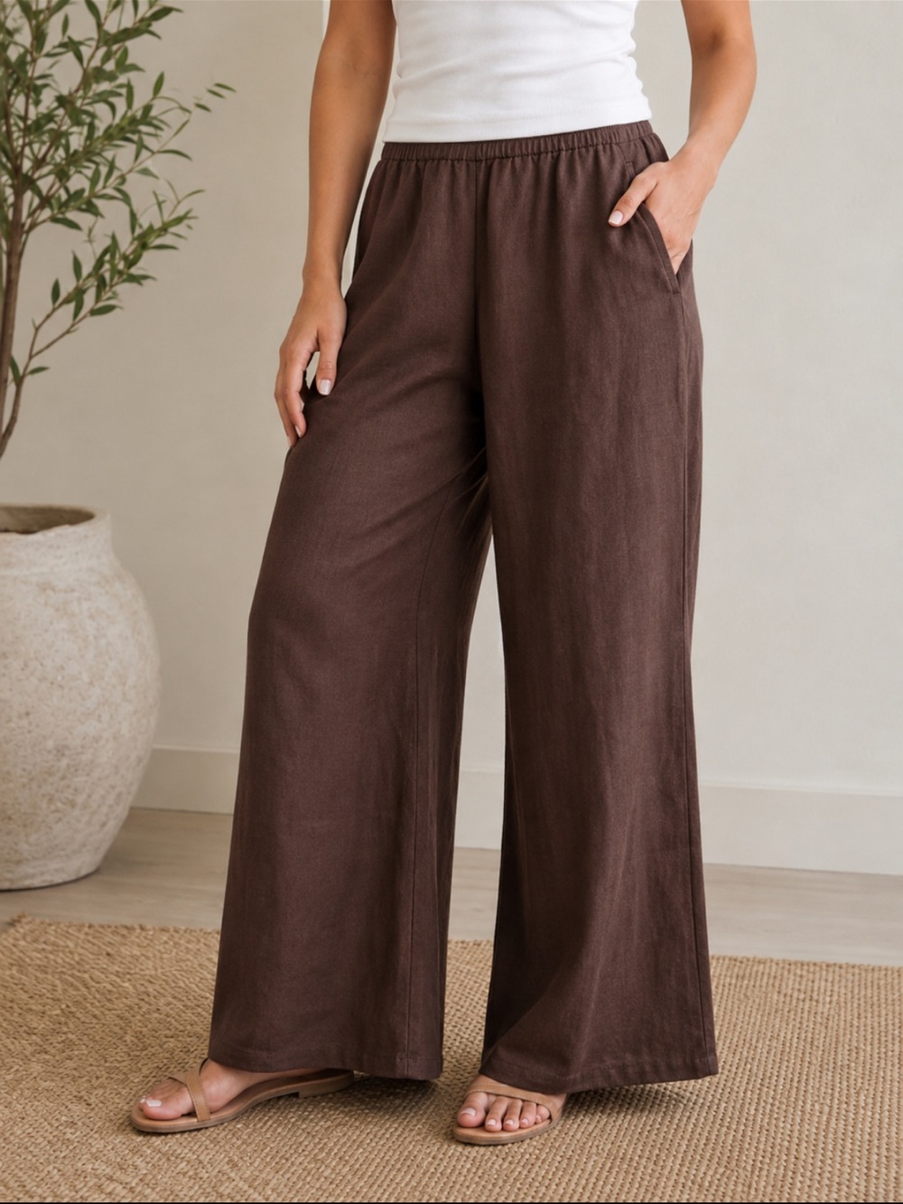 J. Crew Brown Elastic Waist Wide Leg Linen Cosmo Pants XLP NWT